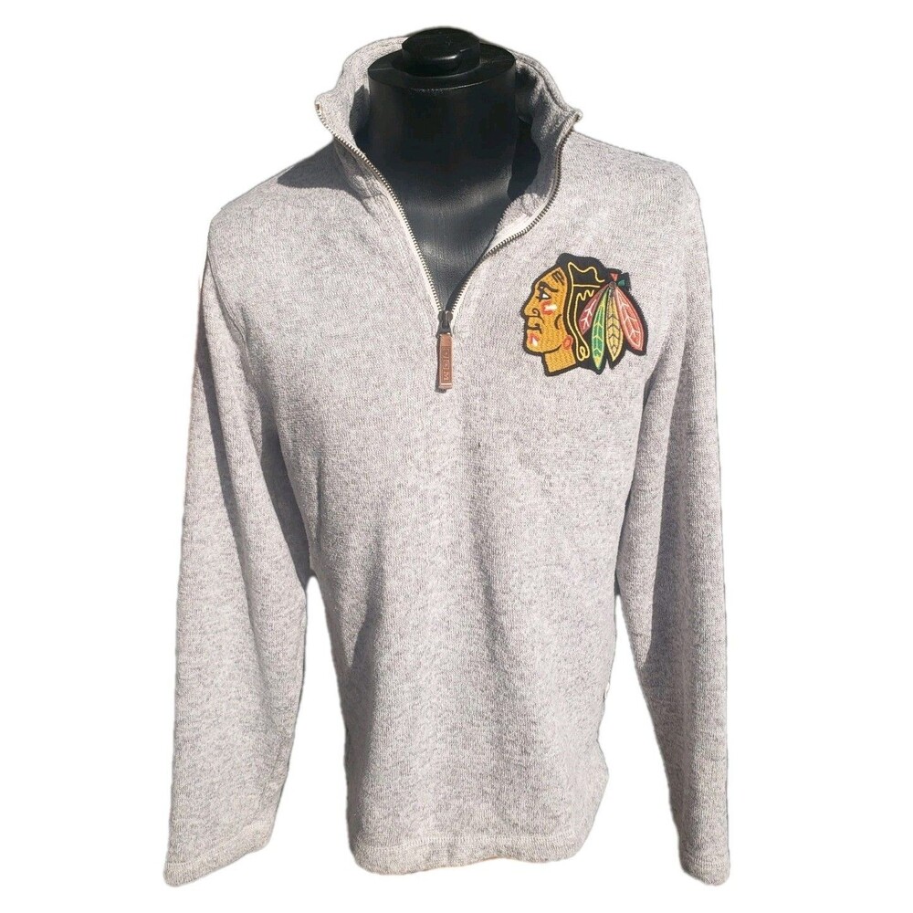 CCM Chicago Blackhawks 1/4 Zip Gray Sweater Men's S NHL Hockey Indian Logo EUC